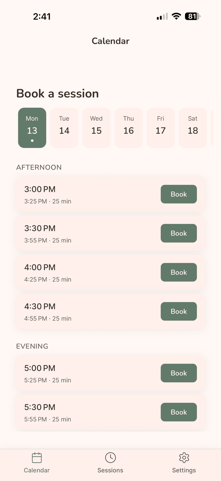 MoveWith app showing available 25-minute workout time slots