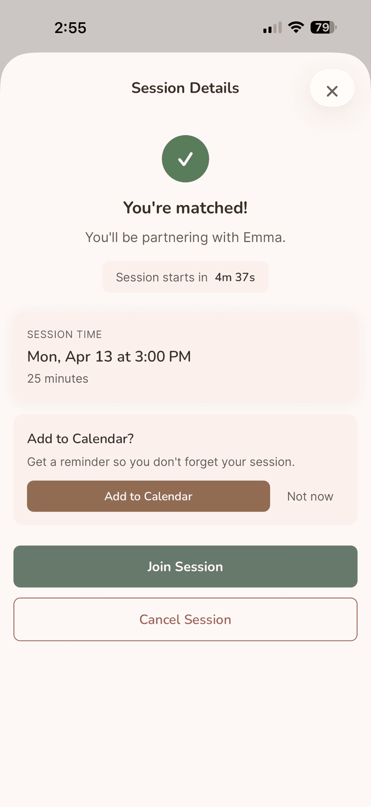 MoveWith app showing a successful partner match for an upcoming session