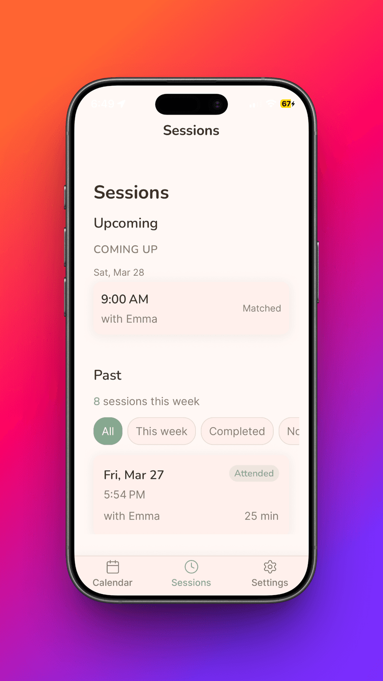MoveWith app showing upcoming and past workout sessions